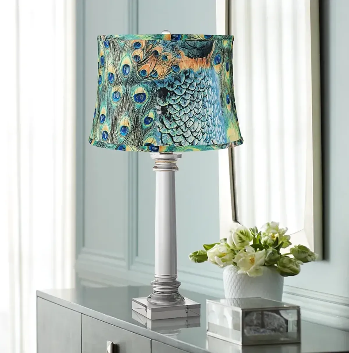 Peacock Print Modern Crystal Column Table Lamp