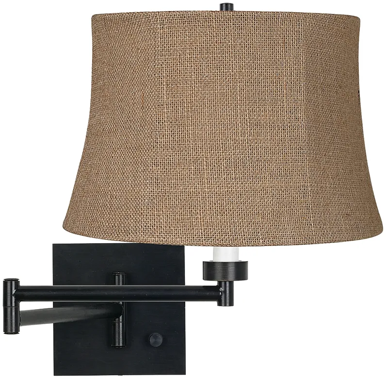 Franklin Iron Works Natural Burlap and Espresso Plug-In Swing Arm Wall Lamp