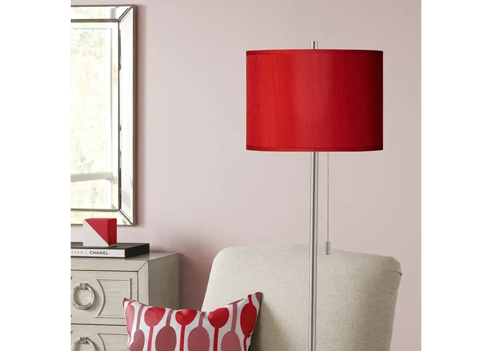 Possini Euro 62" Red Shade Brushed Nickel Pull Chain Floor Lamp