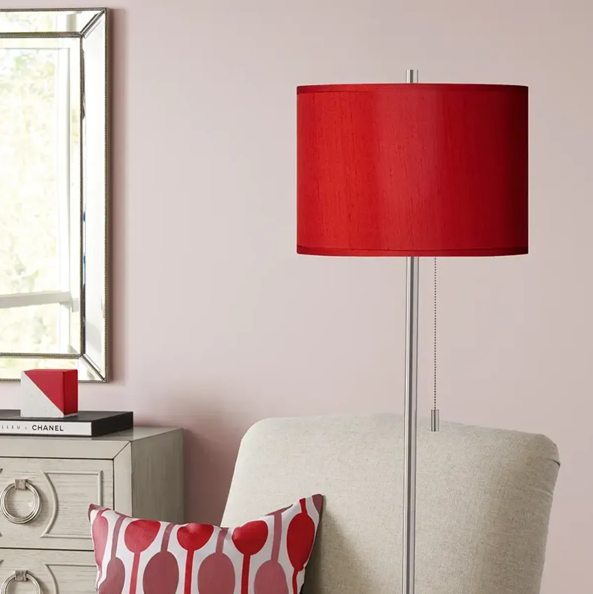 Possini Euro 62" Red Shade Brushed Nickel Pull Chain Floor Lamp