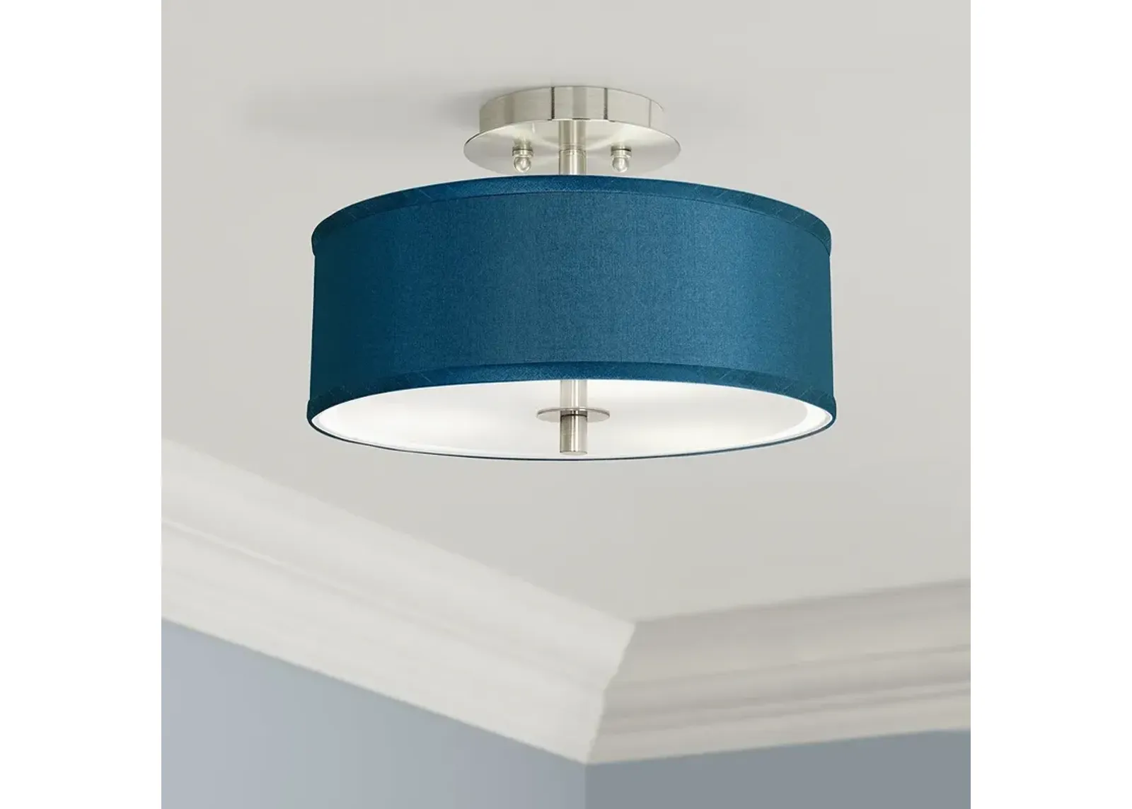 Possini Euro Blue Faux Silk 14" Wide Modern Nickel Ceiling Light