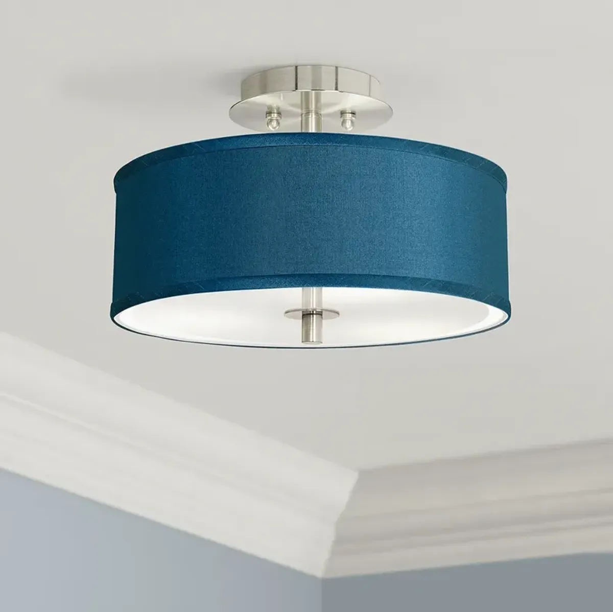 Possini Euro Blue Faux Silk 14" Wide Modern Nickel Ceiling Light