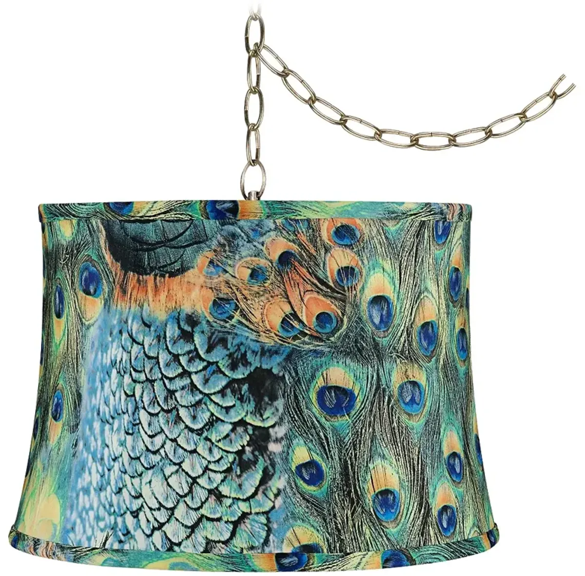 Peacock Print 16" Wide Antique Brass Plug-In Swag Chandelier