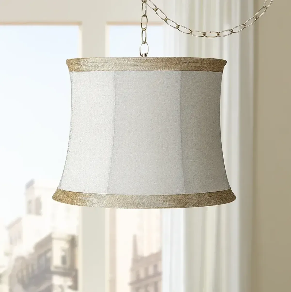 Possini Euro Ivory Linen 16" Antique Brass Plug-In Swag Chandelier