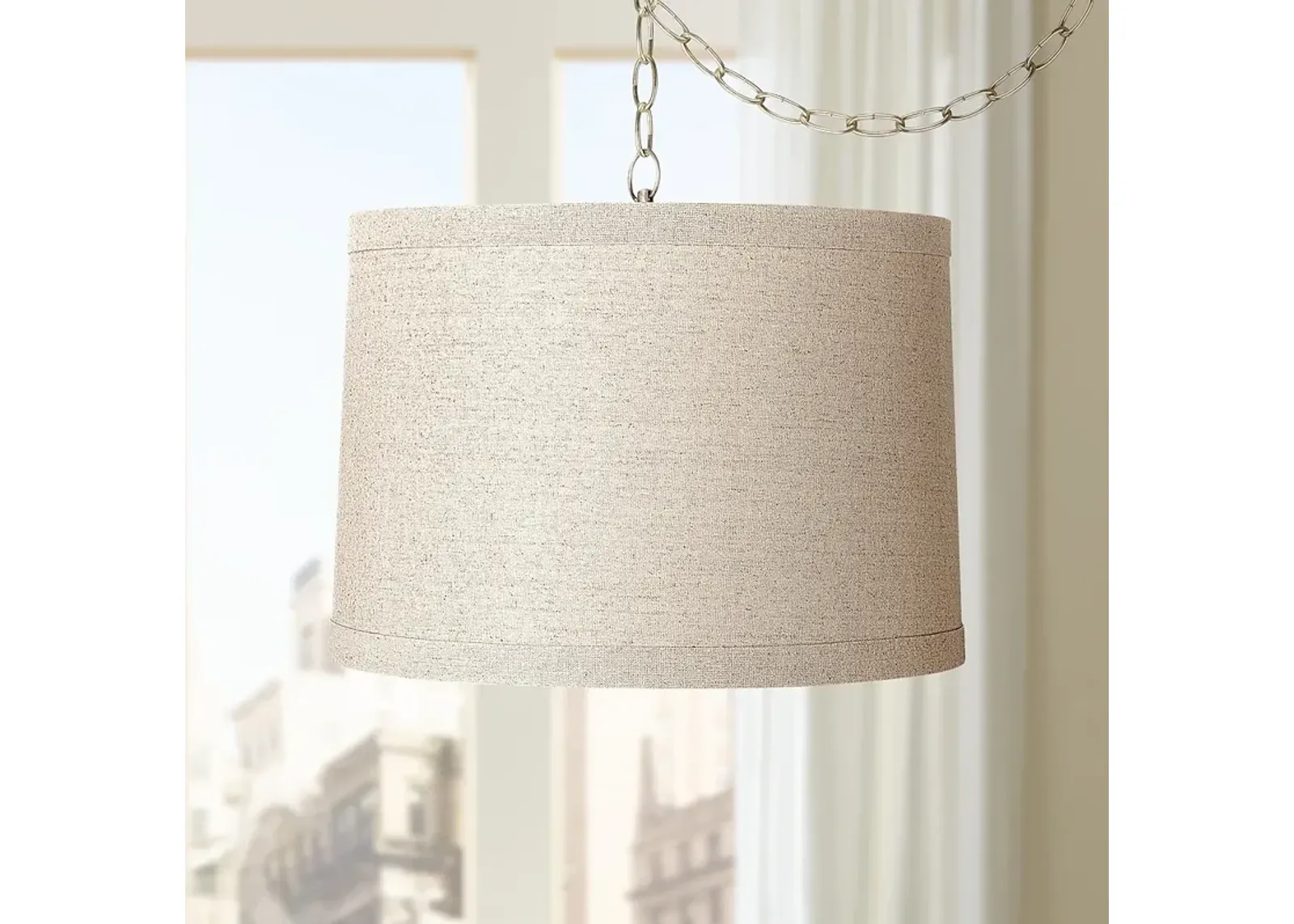 Possini Euro 16" Wide Brass and Linen Drum Plug-In Swag Chandelier