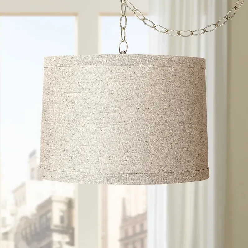 Possini Euro 16" Wide Brass and Linen Drum Plug-In Swag Chandelier