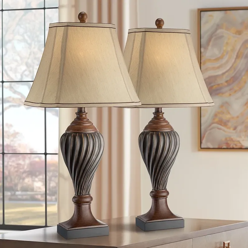 Regency Hill 28 1/2" Carved Oak Brown Traditional Table Lamps Set of 2