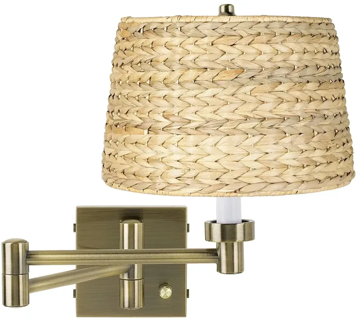 Barnes and Ivy Woven Seagrass Antique Brass Plug-In Swing Arm Wall Lamp