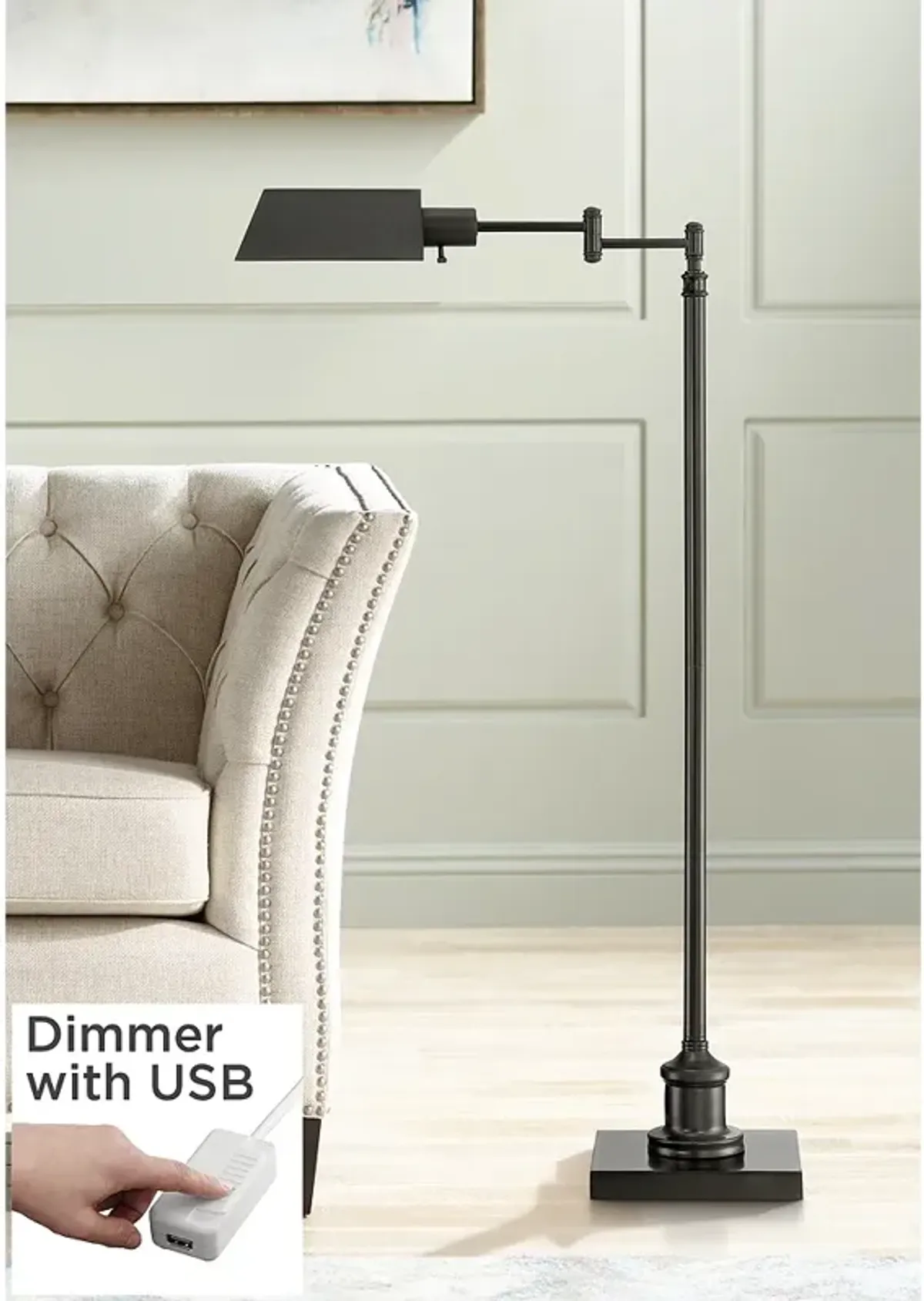 Regency Hill Jenson Bronze Adjustable Swing Arm Floor Lamp with USB Dimmer