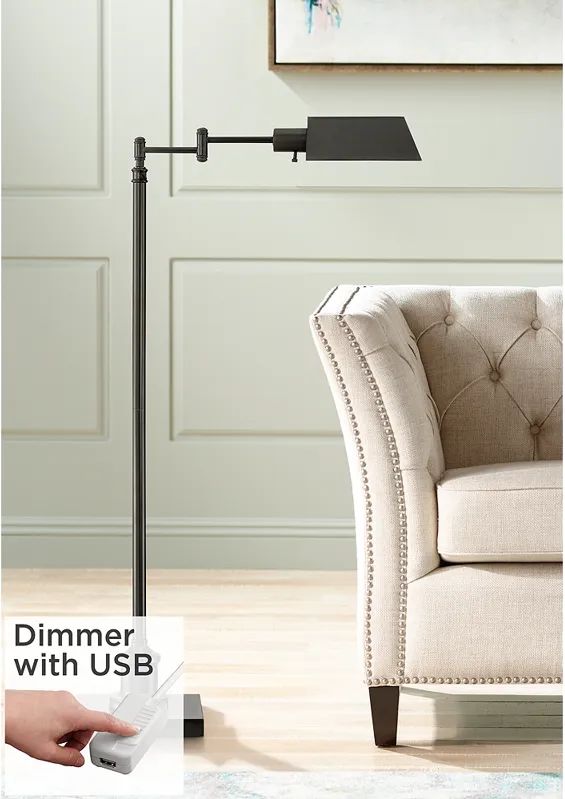 Jenson Dark Bronze Adjustable Swing Arm Pharmacy Floor Lamp with USB Dimmer