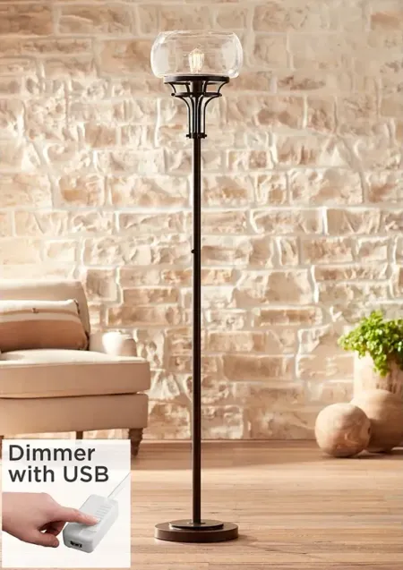 Luz Industrial Bronze Torchiere Floor Lamp with USB Dimmer
