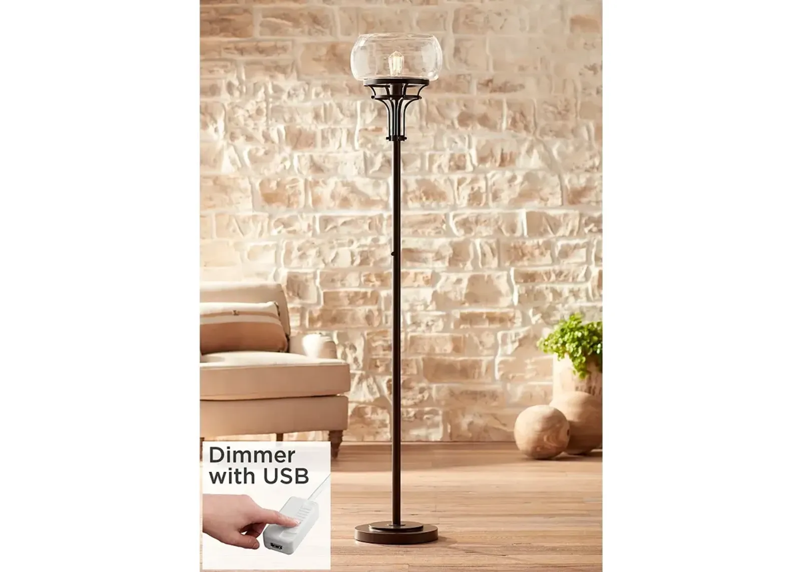 Franklin Iron Works Luz 72 1/2" Bronze Floor Lamp with USB Dimmer