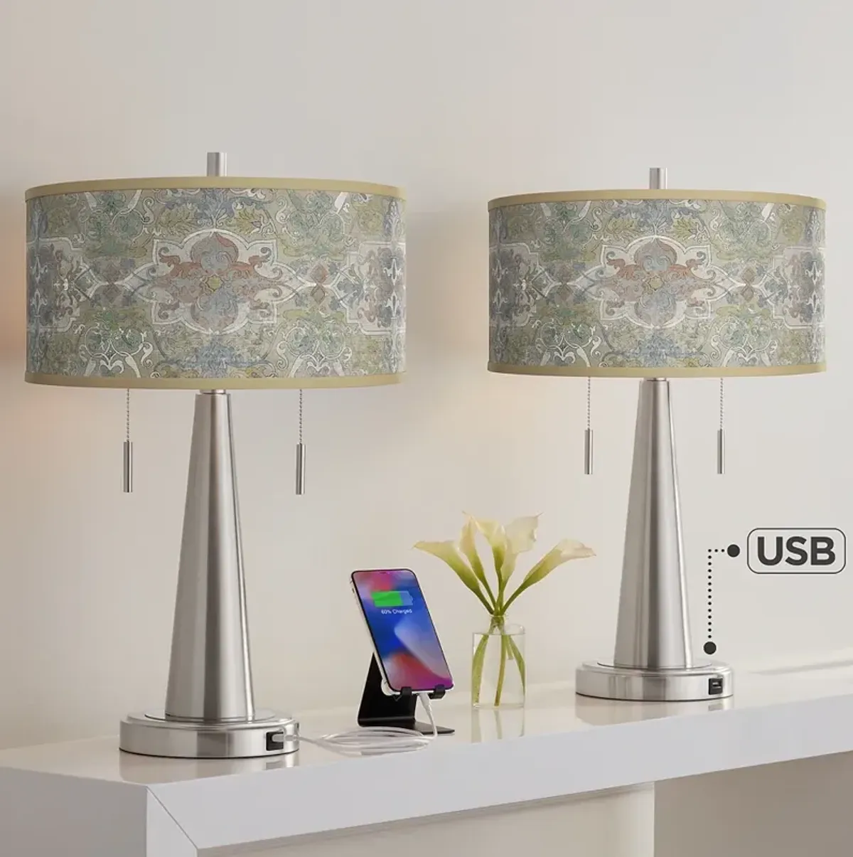Lucrezia Vicki Brushed Nickel USB Table Lamps Set of 2