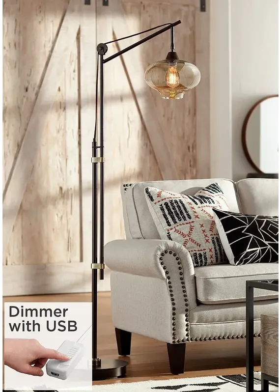 Calyx Industrial Cognac Glass and Bronze LED Floor Lamp with USB Dimmer