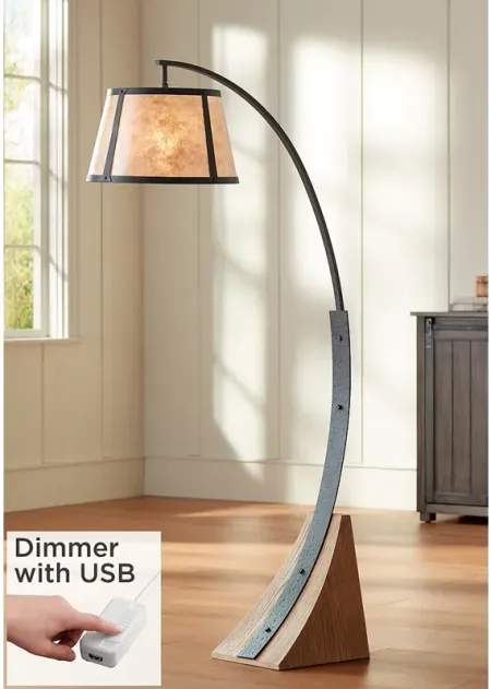 Oak River Gray and Blond Mica Arc Floor Lamp with USB Dimmer