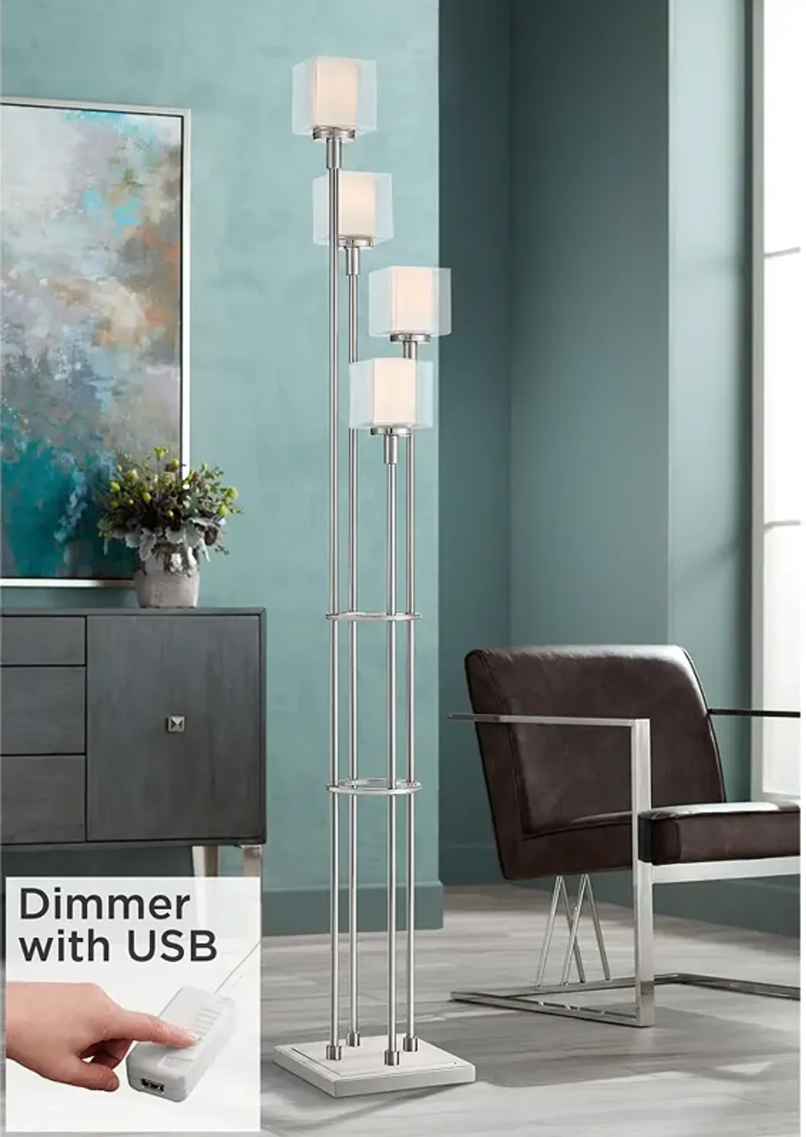 Possini Euro Athena Brushed Nickel 4-Light Tree Floor Lamp with USB Dimmer