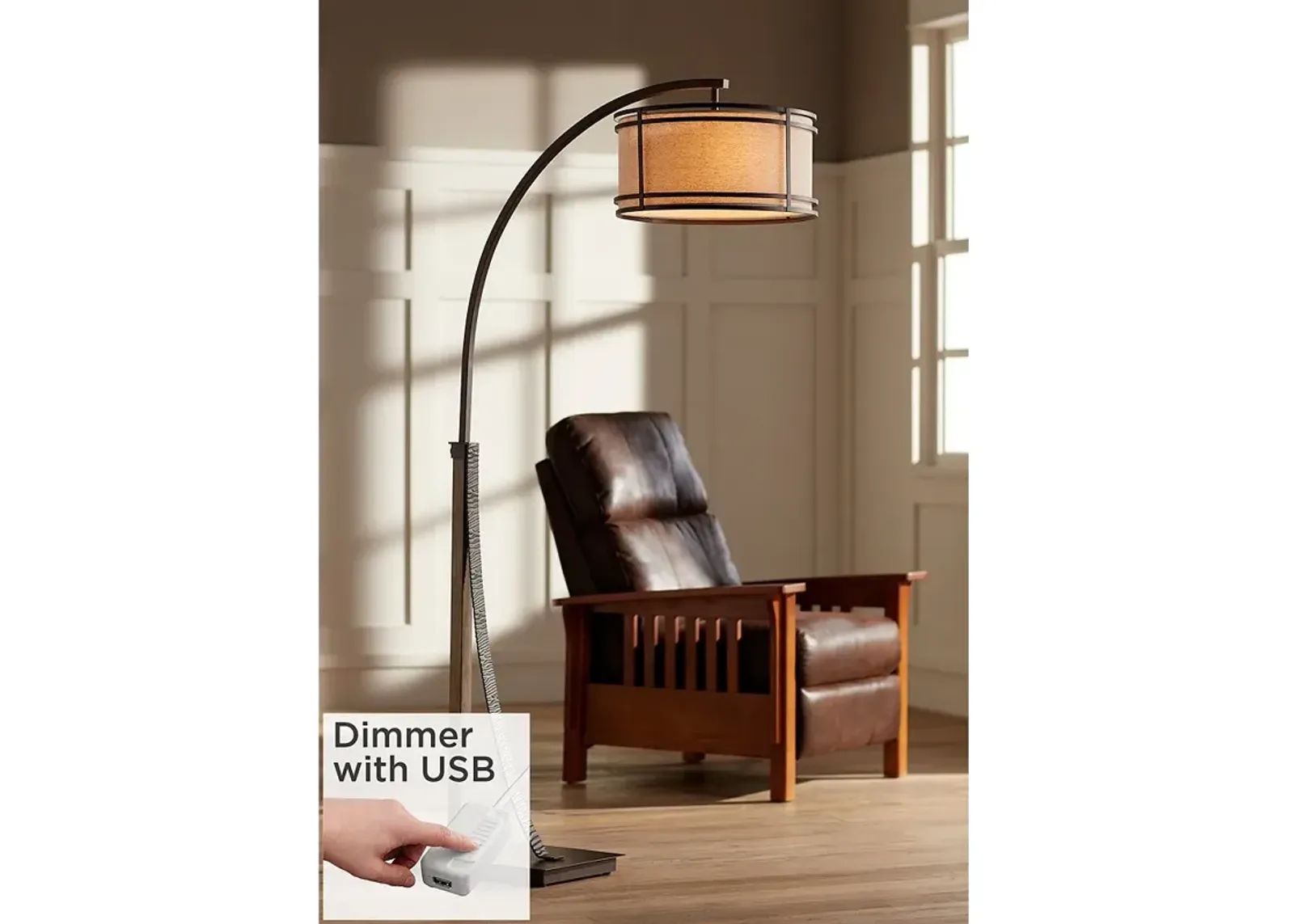 Gentry Oil-Rubbed Bronze 2-Light Downbridge Arc Floor Lamp with USB Dimmer