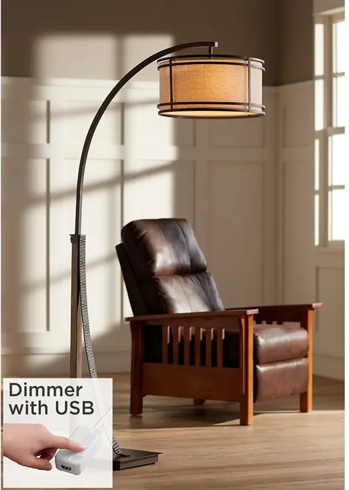 Gentry Oil-Rubbed Bronze 2-Light Downbridge Arc Floor Lamp with USB Dimmer