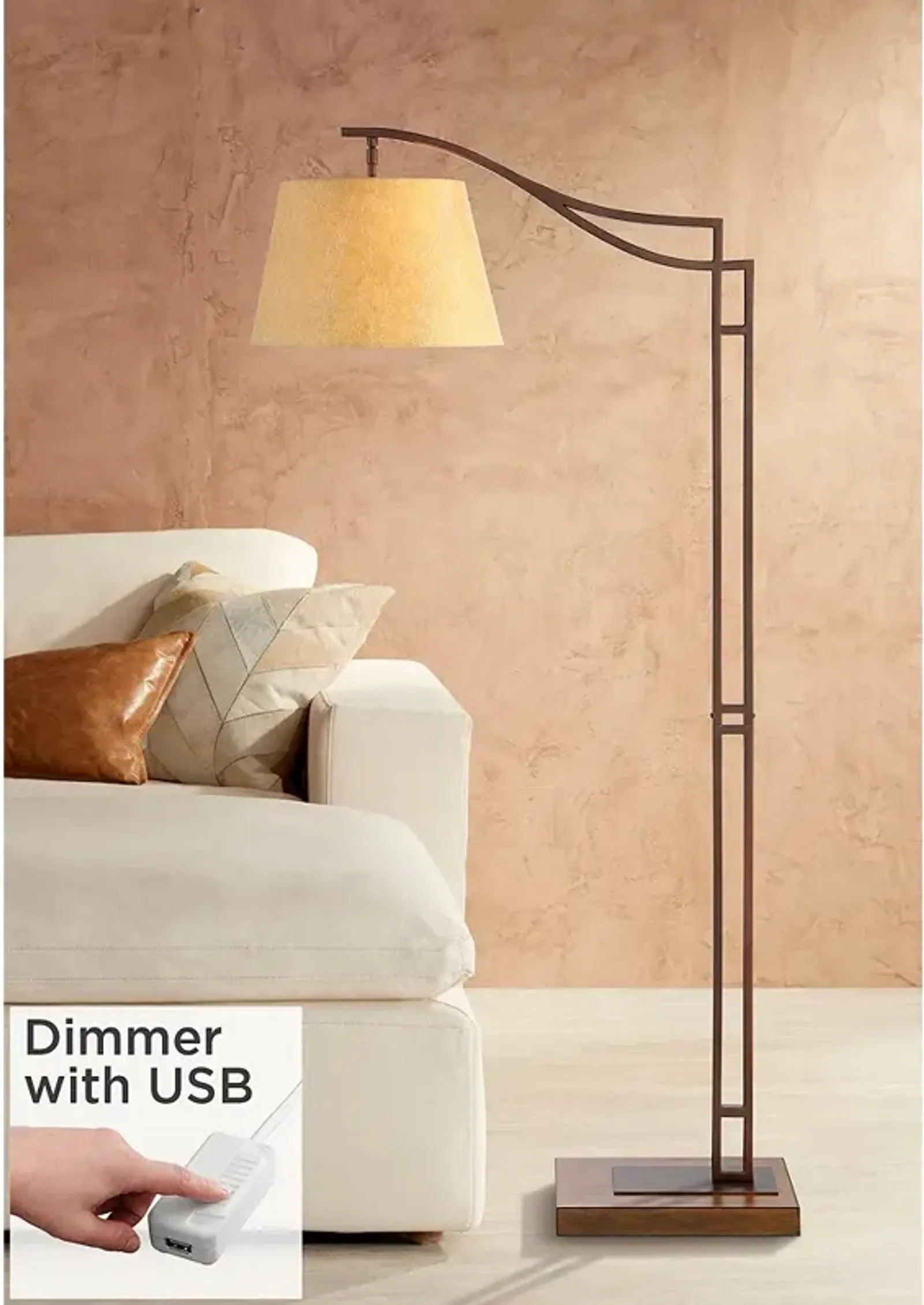 Franklin Iron Works Tahoe 60" Bronze Arc Floor Lamp with USB Dimmer