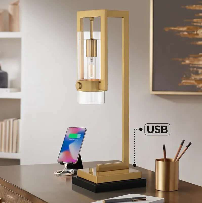 Possini Euro Denali 25" Marble and Gold Desk Lamp with Dual USB Ports