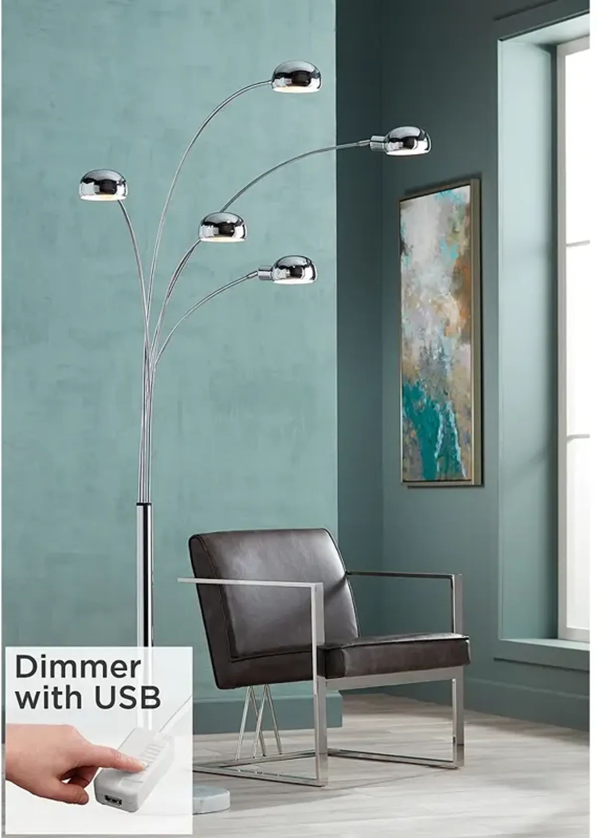 Possini Euro Infini 5-Light Arc Floor Lamp with Marble Base and USB Dimmer