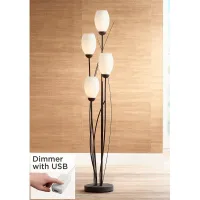 Jareth Black Metal and White Glass Tulip 4-Light Floor Lamp with USB Dimmer