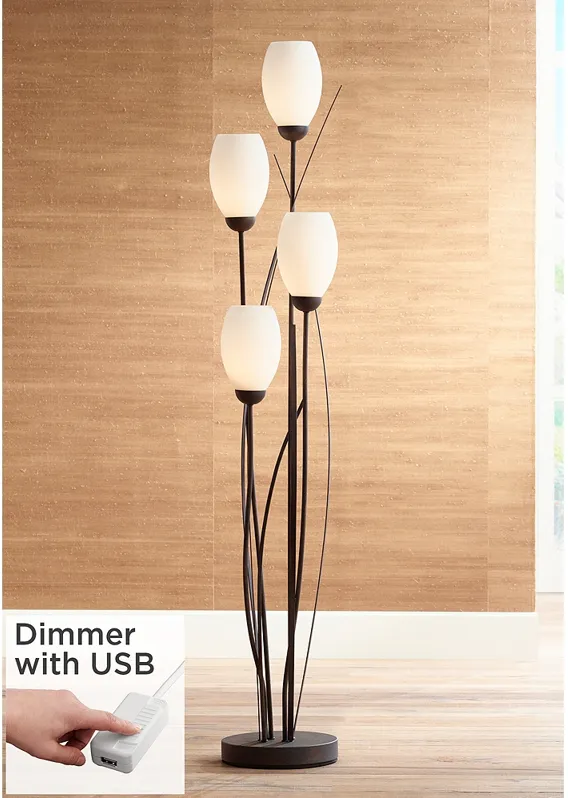Jareth Black Metal and White Glass Tulip 4-Light Floor Lamp with USB Dimmer