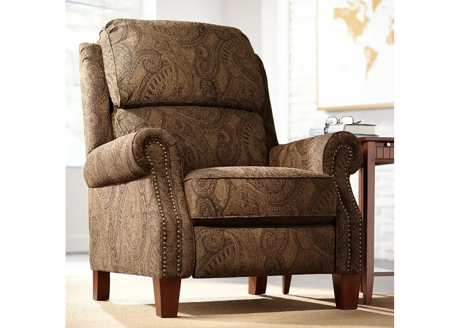 Beaumont Warm Brown Paisley Push-Thru Arm 3-Way Recliner