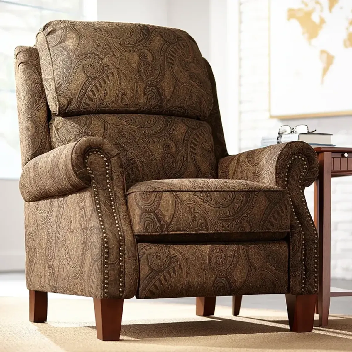 Beaumont Warm Brown Paisley Push-Thru Arm 3-Way Recliner