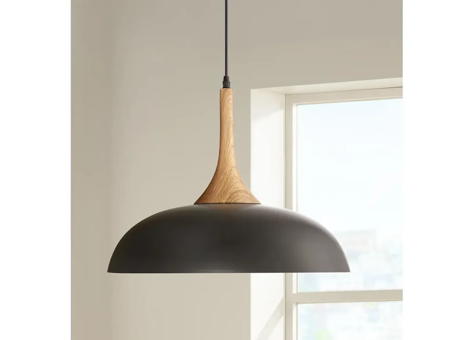 Possini Euro Felton 17 3/4" Black and Wood Finish Modern Dome Pendant