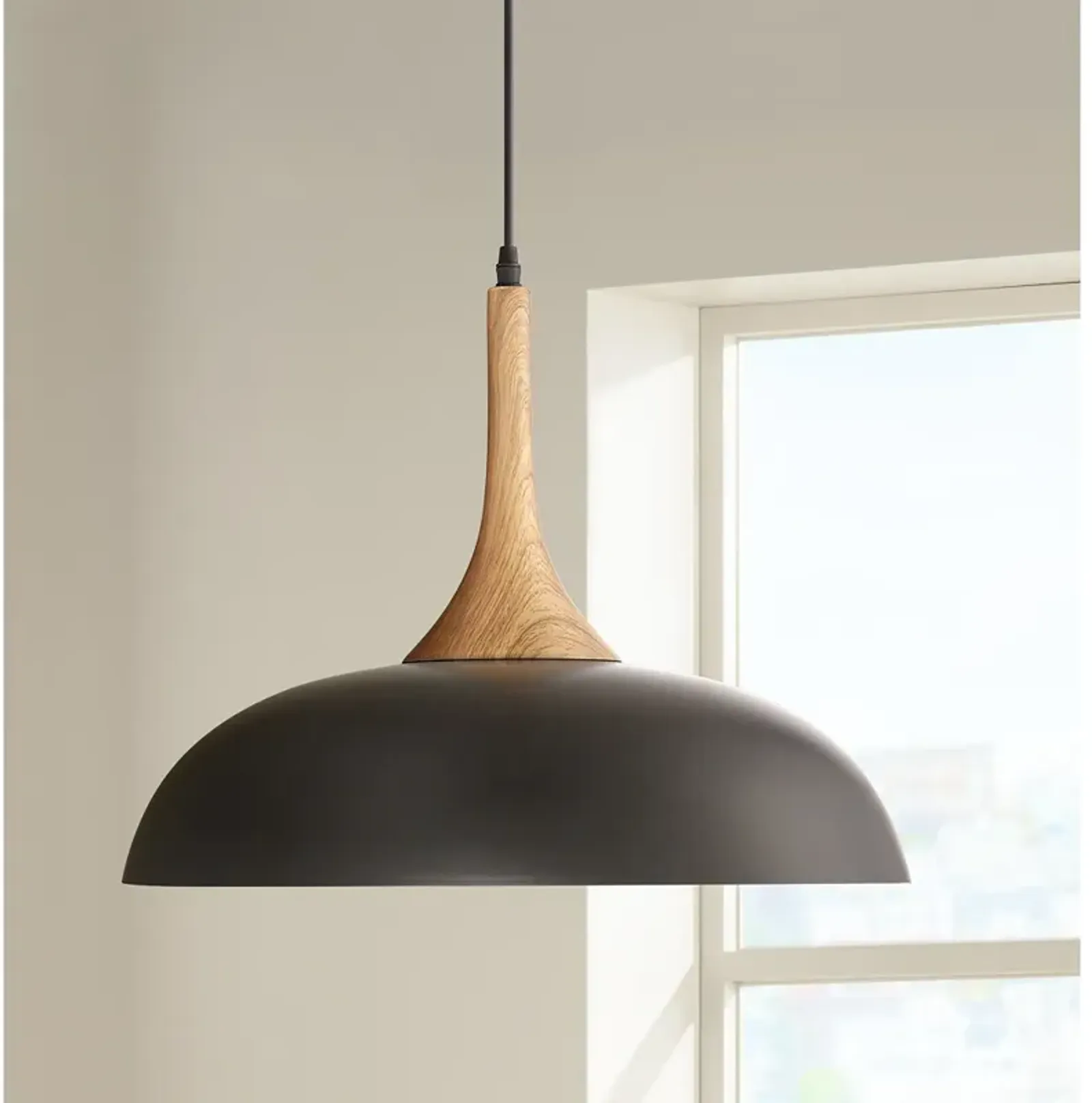 Possini Euro Felton 17 3/4" Black and Wood Finish Modern Dome Pendant