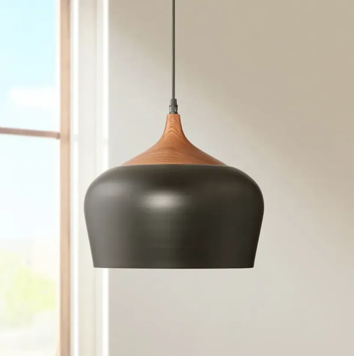 Possini Euro Felton 12" Wide Black and Faux Wood Modern Mini Pendant