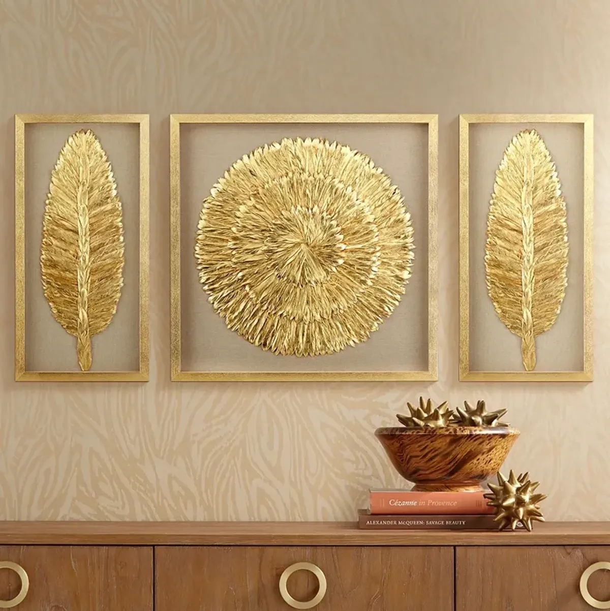 Golden Feathers 31 1/2" High Wall Art Set of 3