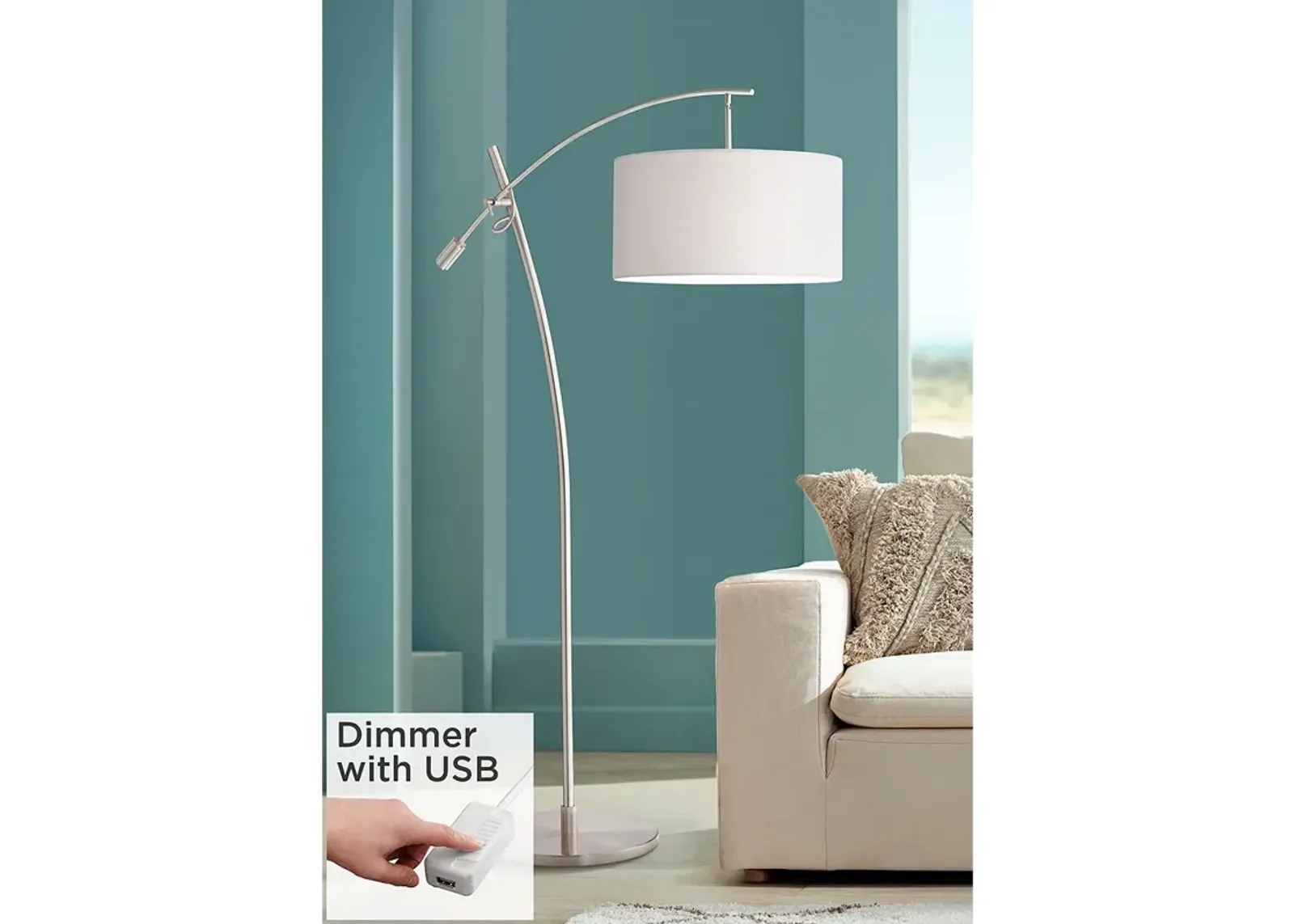 Possini Euro Raymond Brushed Nickel Boom Arc Floor Lamp with USB Dimmer