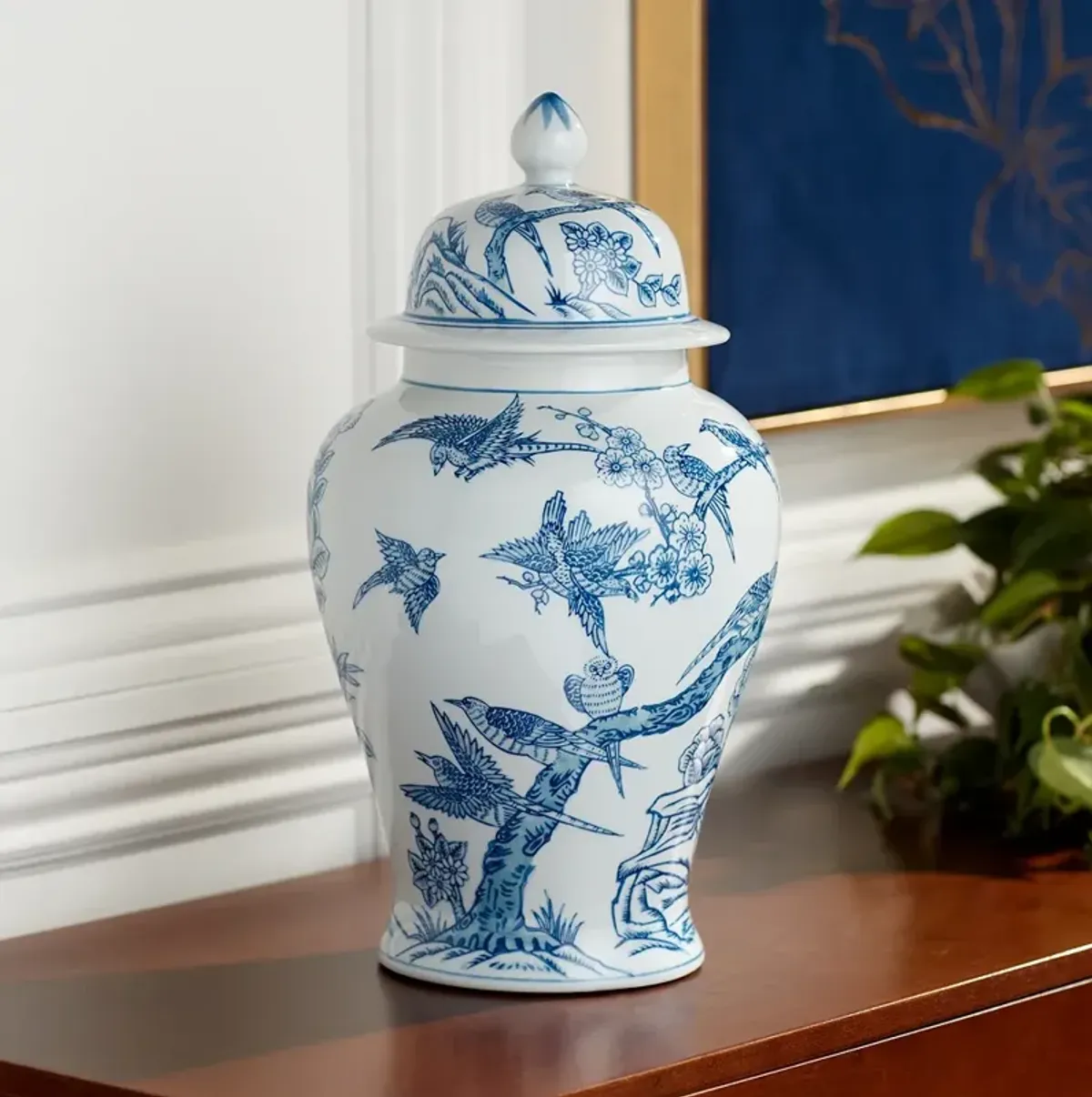 Heather 16" High Blue and White Ceramic Ginger Jar with Lid