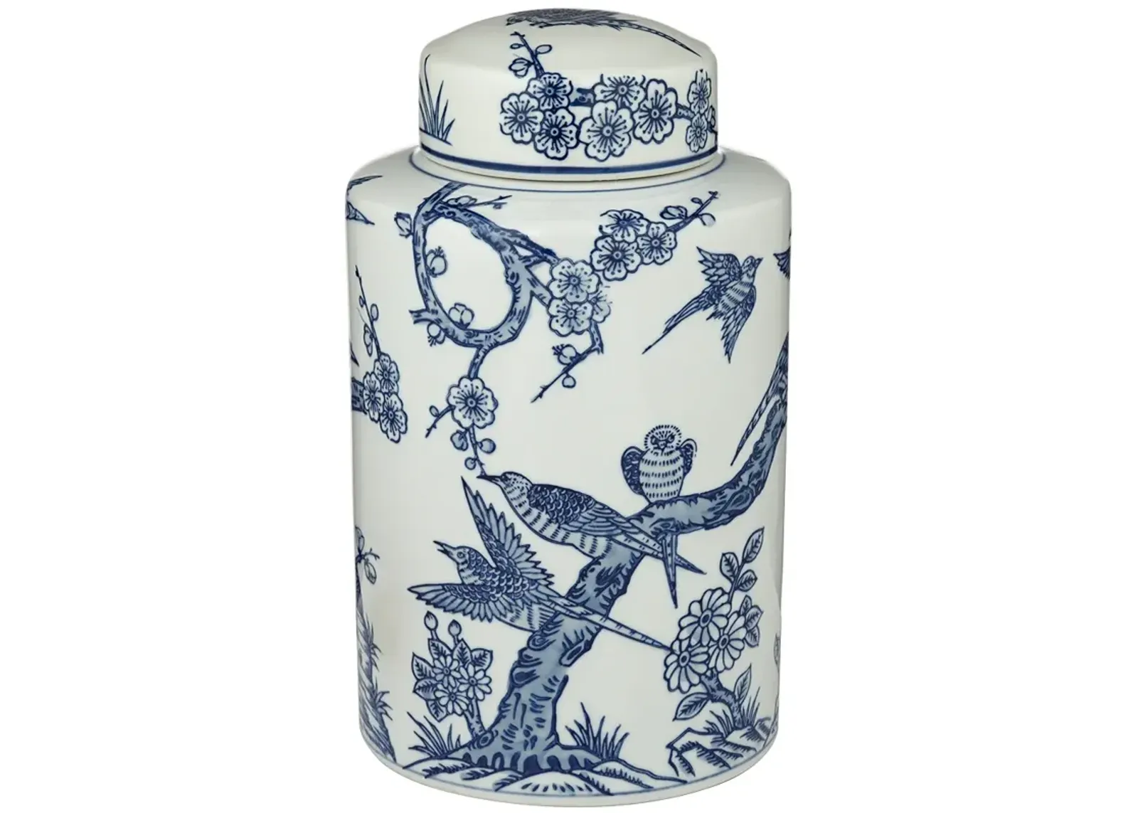 Cuckoo 12" High Blue and White Ceramic Decorative Jar with Lid