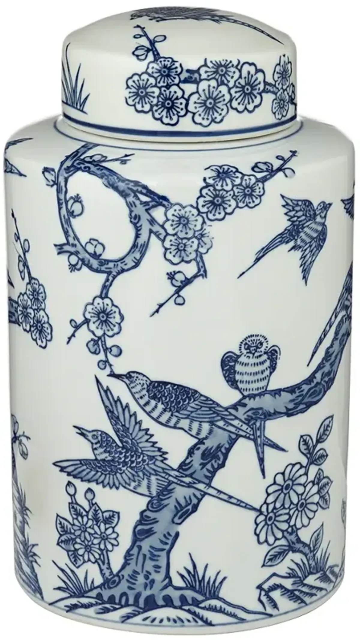 Cuckoo 12" High Blue and White Ceramic Decorative Jar with Lid