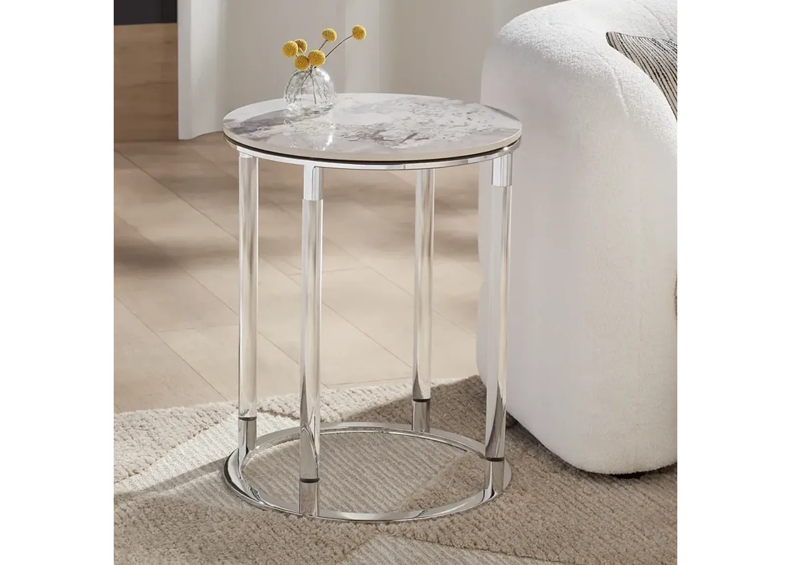 Tamara 18 1/4" Wide Stone and Chrome Round Side Table