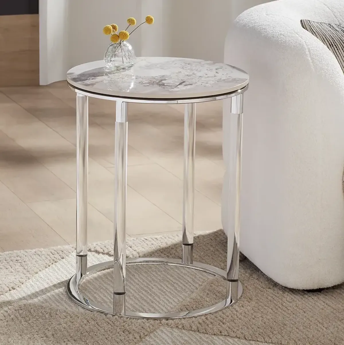 Tamara 18 1/4" Wide Stone and Chrome Round Side Table