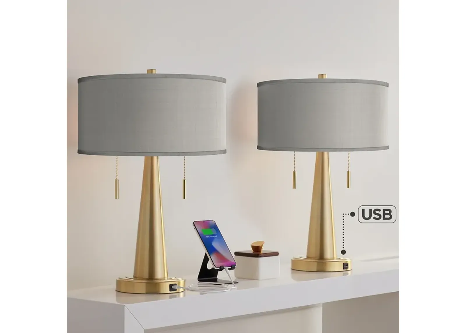 Gray Faux Silk Vicki Gold USB Table Lamps Set of 2