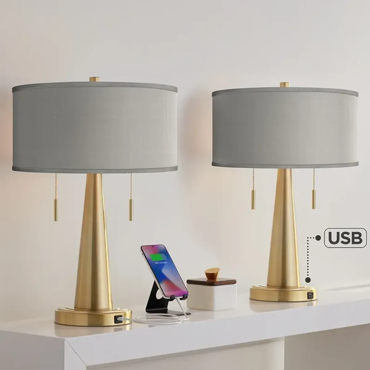 Gray Faux Silk Vicki Gold USB Table Lamps Set of 2