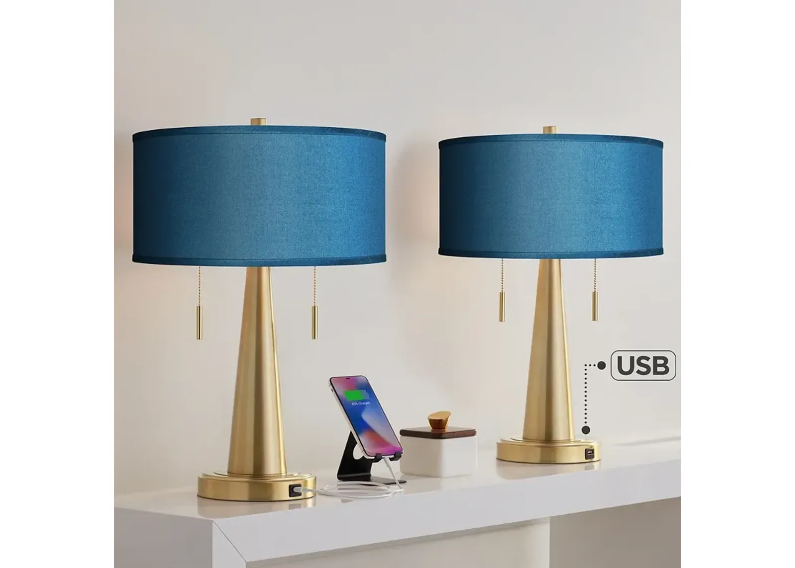 Blue Faux Silk Vicki Gold USB Table Lamps Set of 2