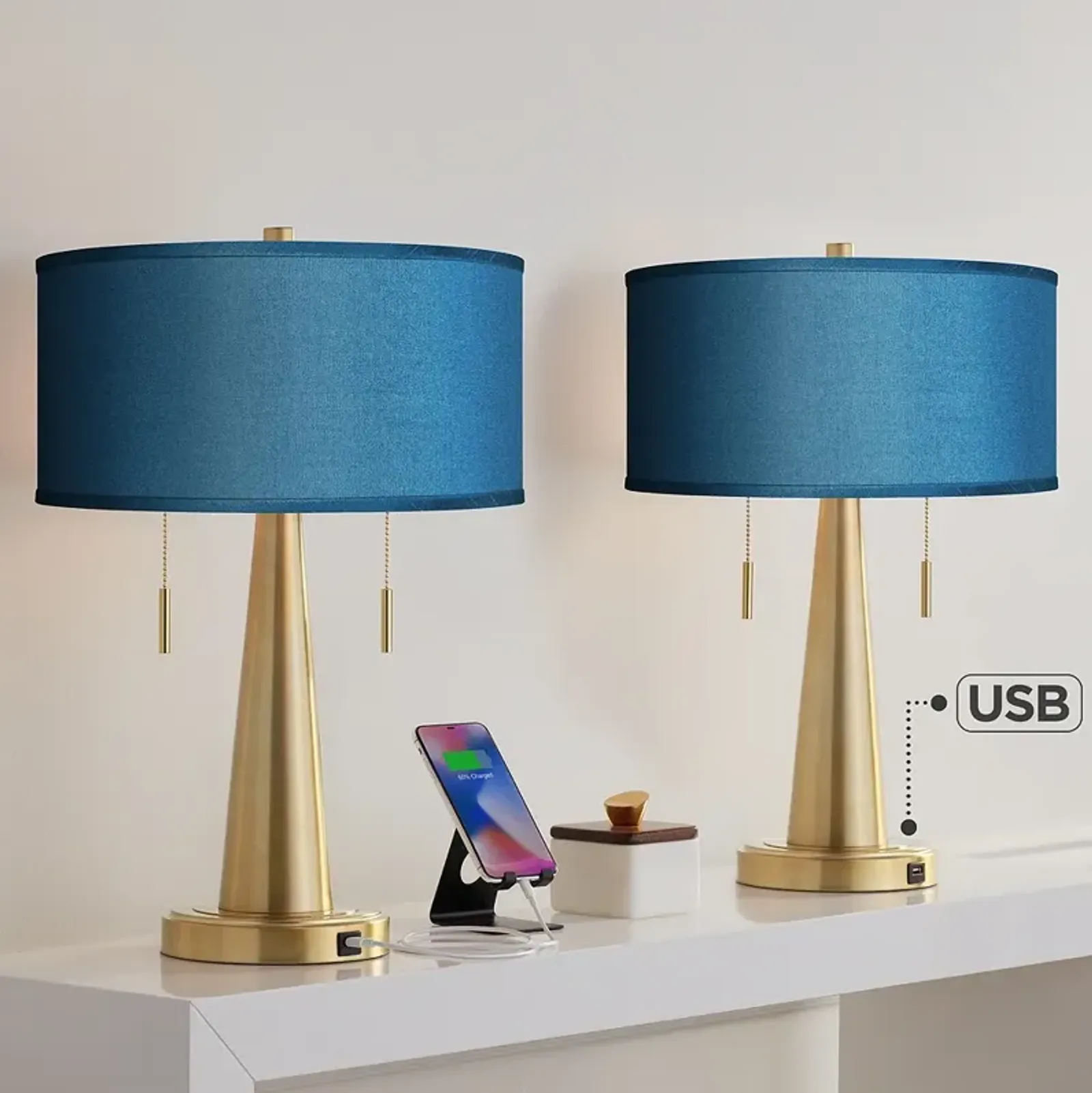 Blue Faux Silk Vicki Gold USB Table Lamps Set of 2