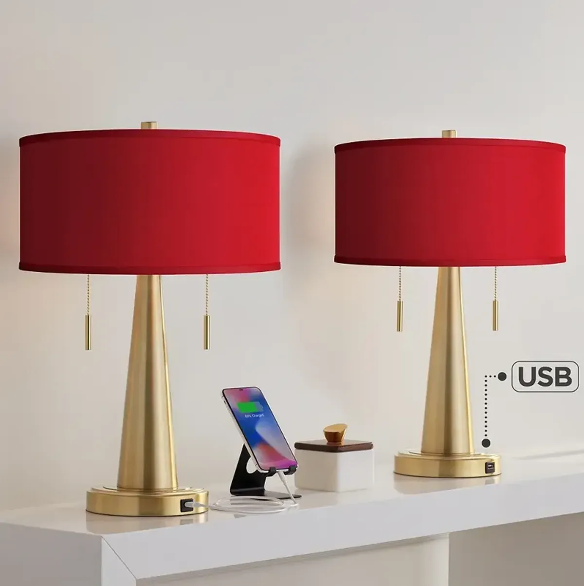 Red Faux Silk Vicki Gold USB Table Lamps Set of 2