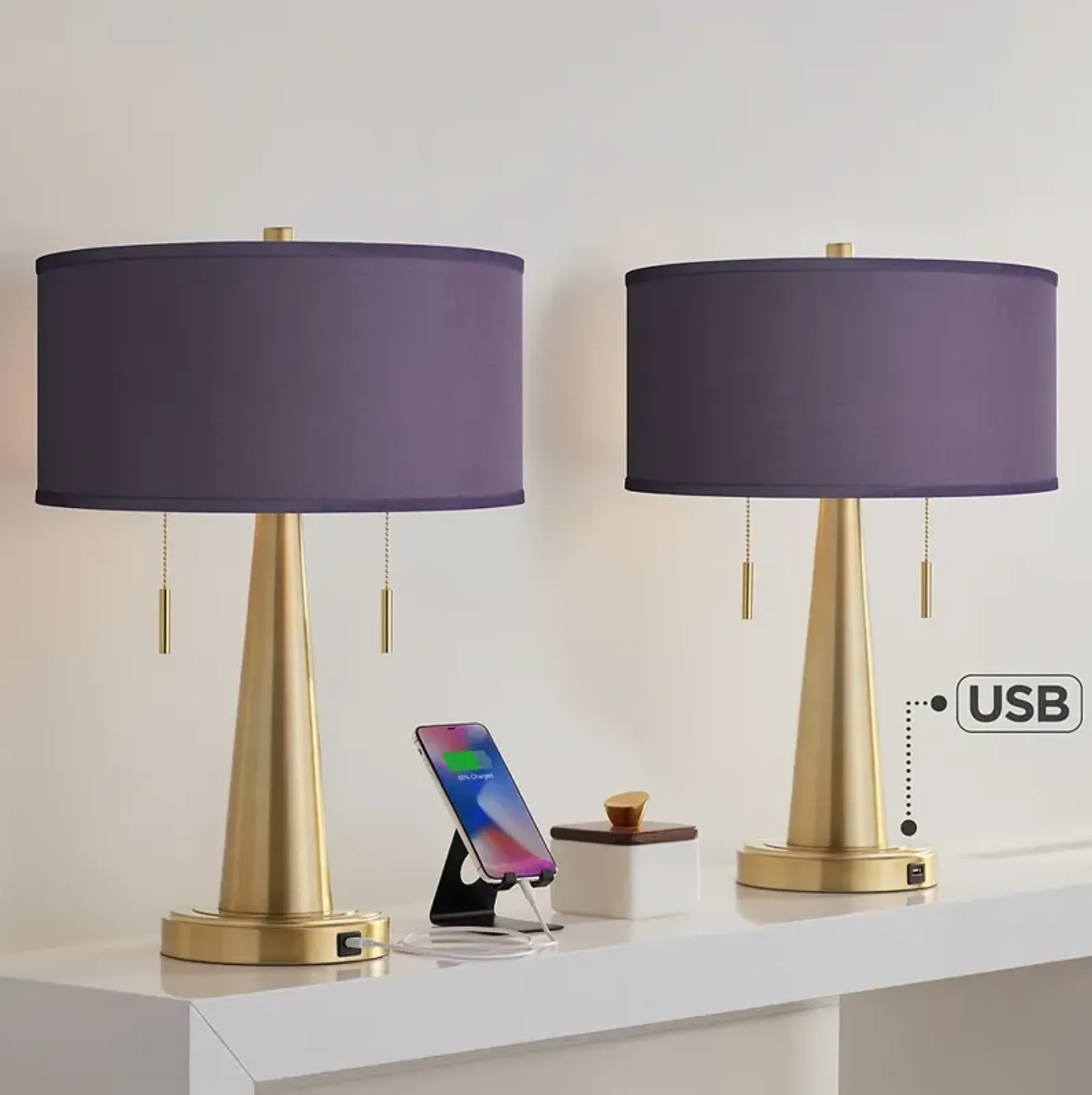 Eggplant Faux Silk Vicki Gold USB Table Lamps Set of 2