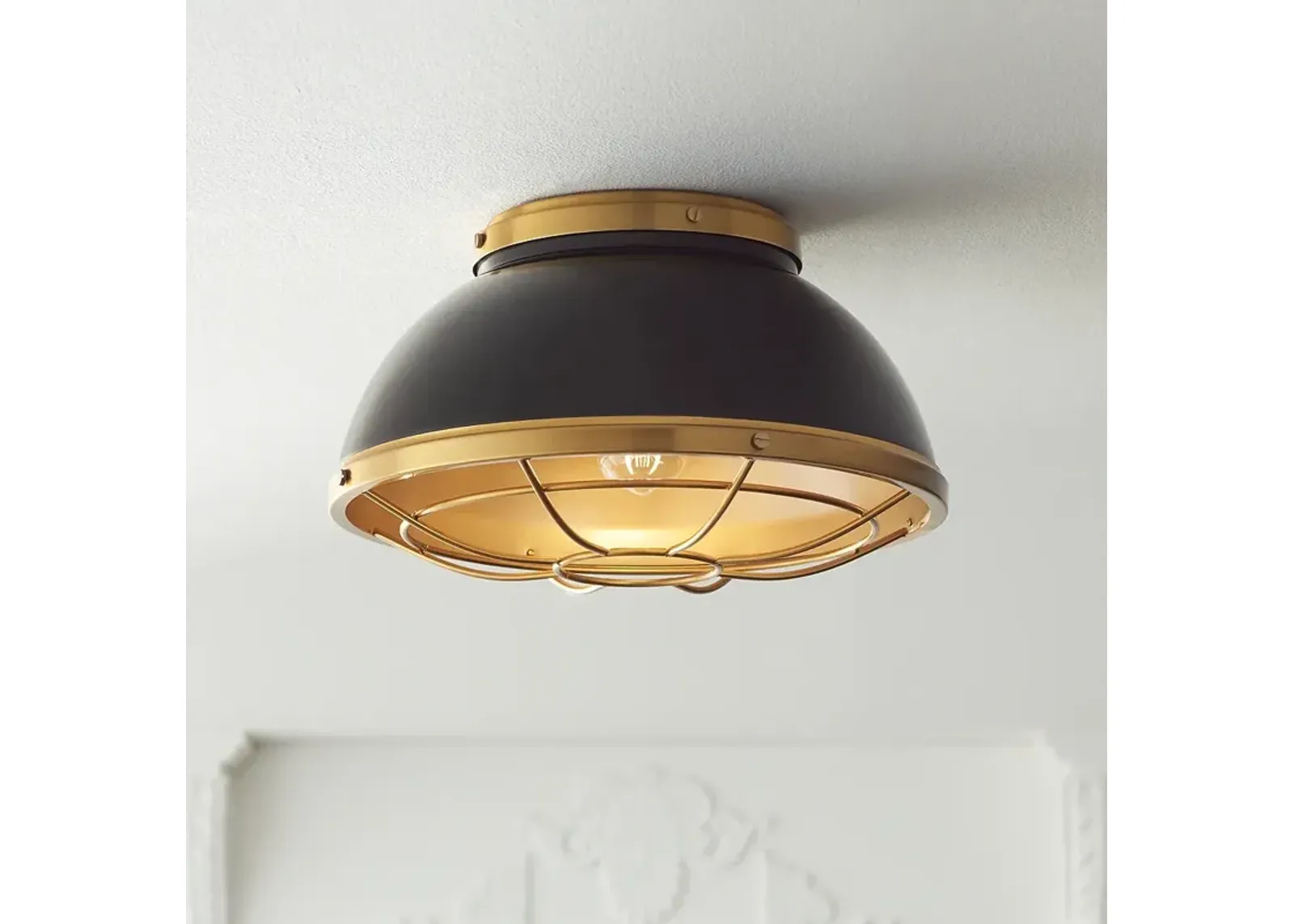 Possini Euro Hylara 15" Wide Gloss Black and Warm Brass Ceiling Light