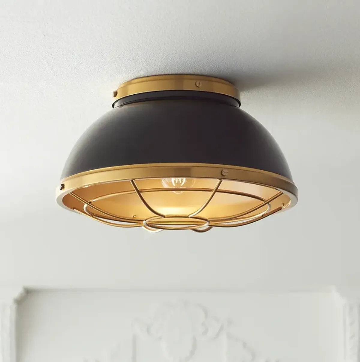 Possini Euro Hylara 15" Wide Gloss Black and Warm Brass Ceiling Light