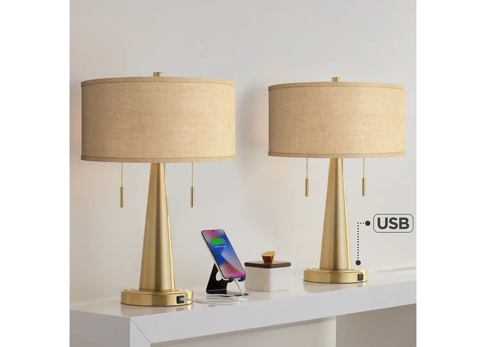 Woven Burlap Vicki Gold USB Table Lamps Set of 2