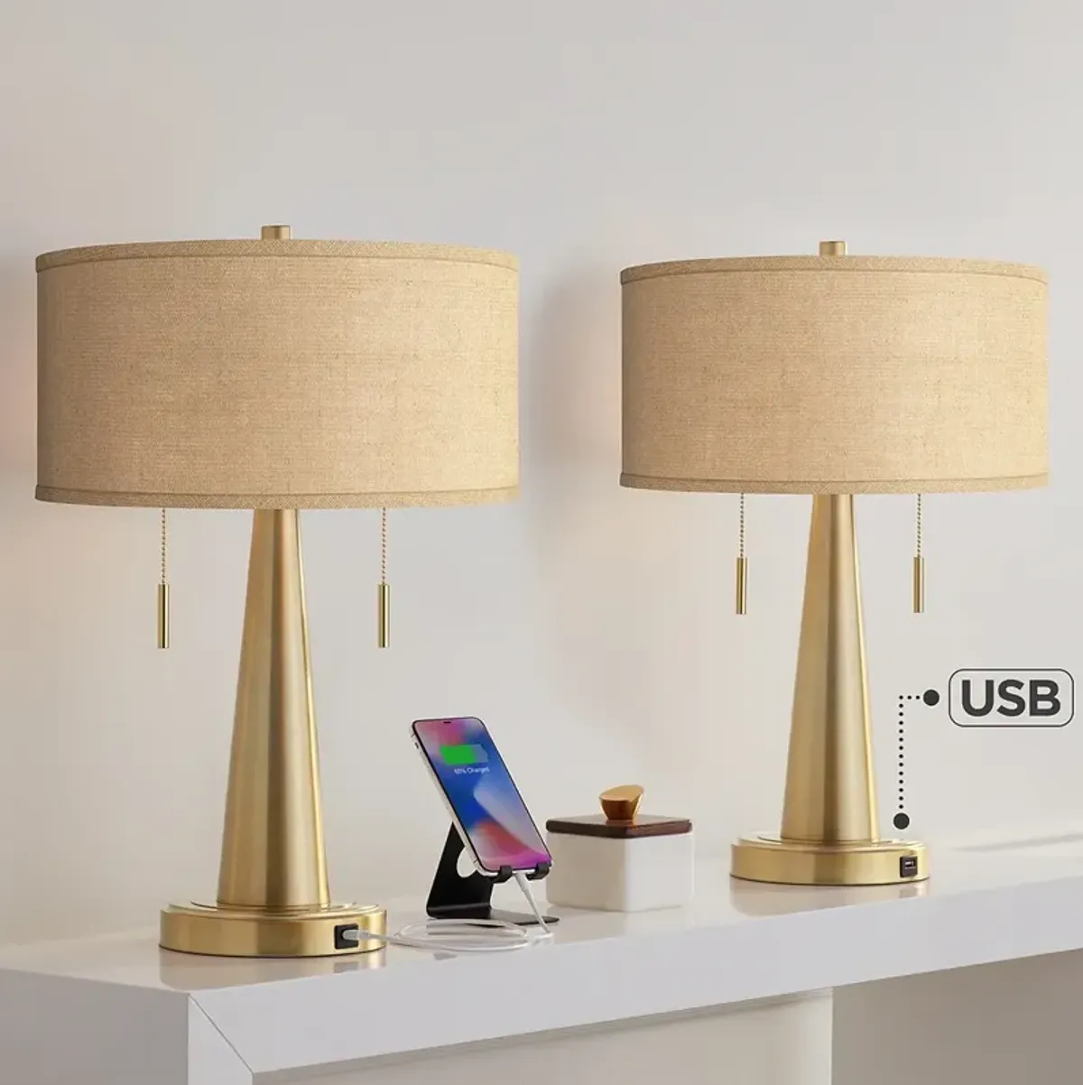 Woven Burlap Vicki Gold USB Table Lamps Set of 2