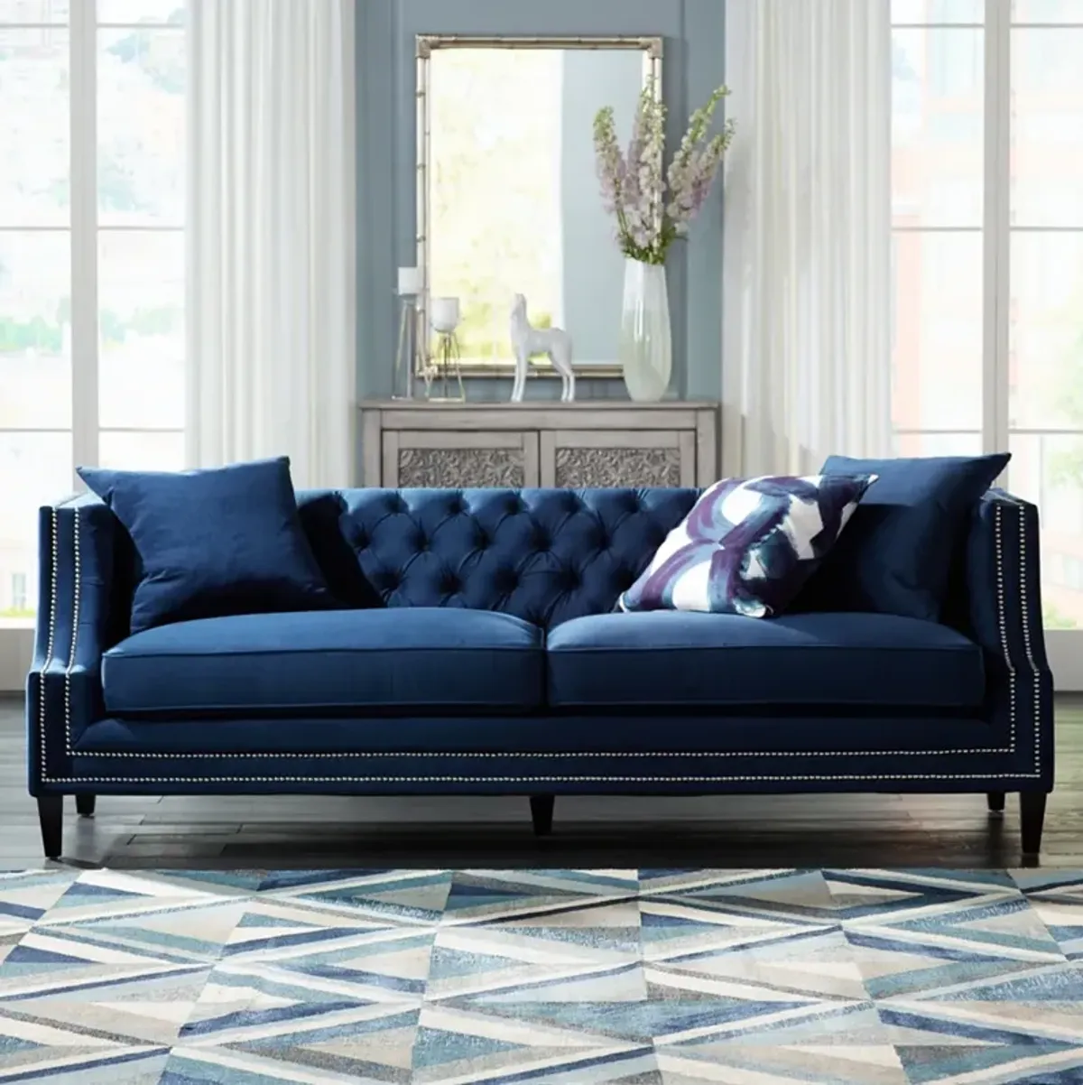 55 Downing Street Marilyn 93" Wide Blue Velvet Tufted Upholstered Sofa